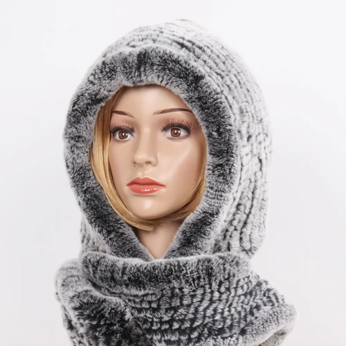GREY Новинка, Зимняя женская шапка из натурального меха+ шарфы, Женский вязаный натуральный мех кролика Рекс, шарфы с капюшоном, теплые вязаные шапки из натурального меха, шарф - Цвет: GREY