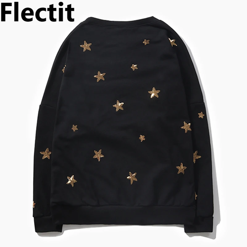 Flectit женский черный с заниженным плечом длинный рукав звезда блестками негабаритных свитер осень зима Женский Повседневный пуловер Толстовка