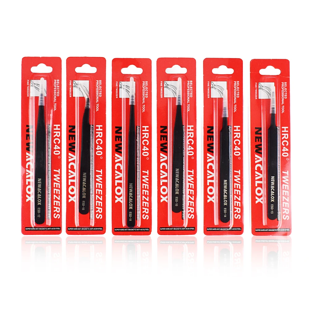 

NEWACALOX 6pc/lot ESD/FTS Stainless Steel Industrial Tweezers Set Anti-Static Anti-magnetic for Electronics Phone Repairing Tool
