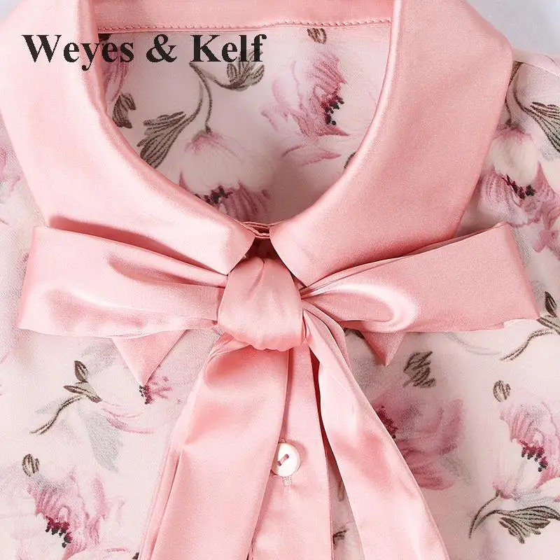 Weyes & Kelf шифон с цветочным принтом Блузки Для женщин 2018 Весна Однобортный коротким