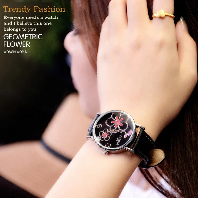 Женские кварцевые часы с цветочным узором наручные известного бренда Yazole Relogio