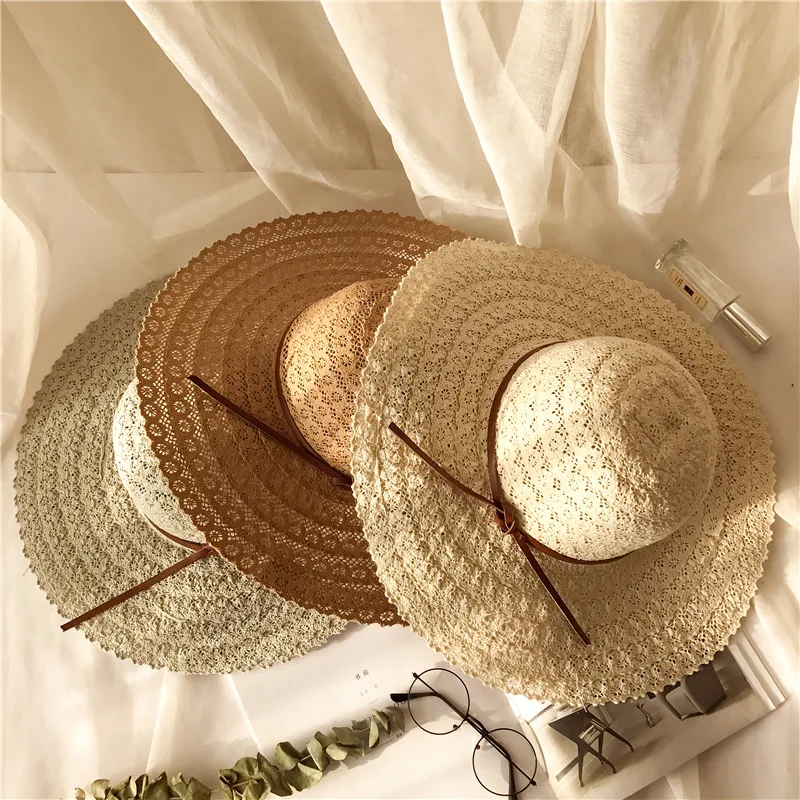 

new spring and summer fashion folding hollow straw hat snowflake knit hat beach resort sunscreen visor women sll-match hat