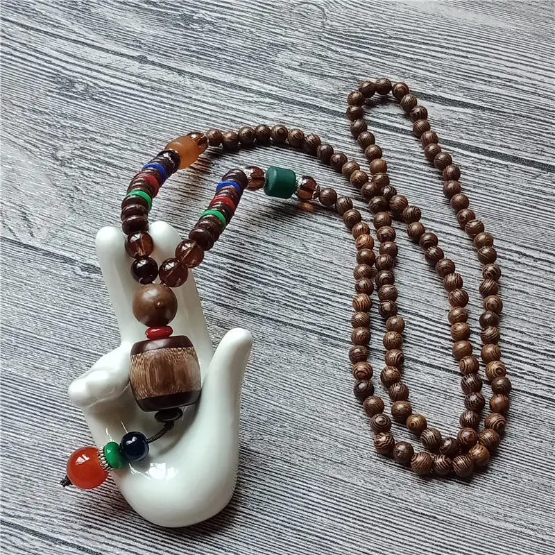 Nepal Buddhist Mala Wood Beads Necklace Imitation Stone Pendant Ethnic Horn Long Statement For Women Men | Украшения и аксессуары