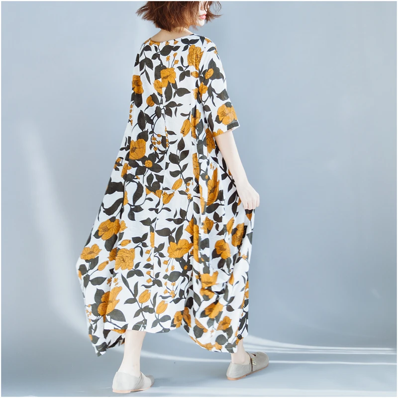 2018 Lagenlook хлопка с коротким рукавом цветочным принтом прямые платья дамы