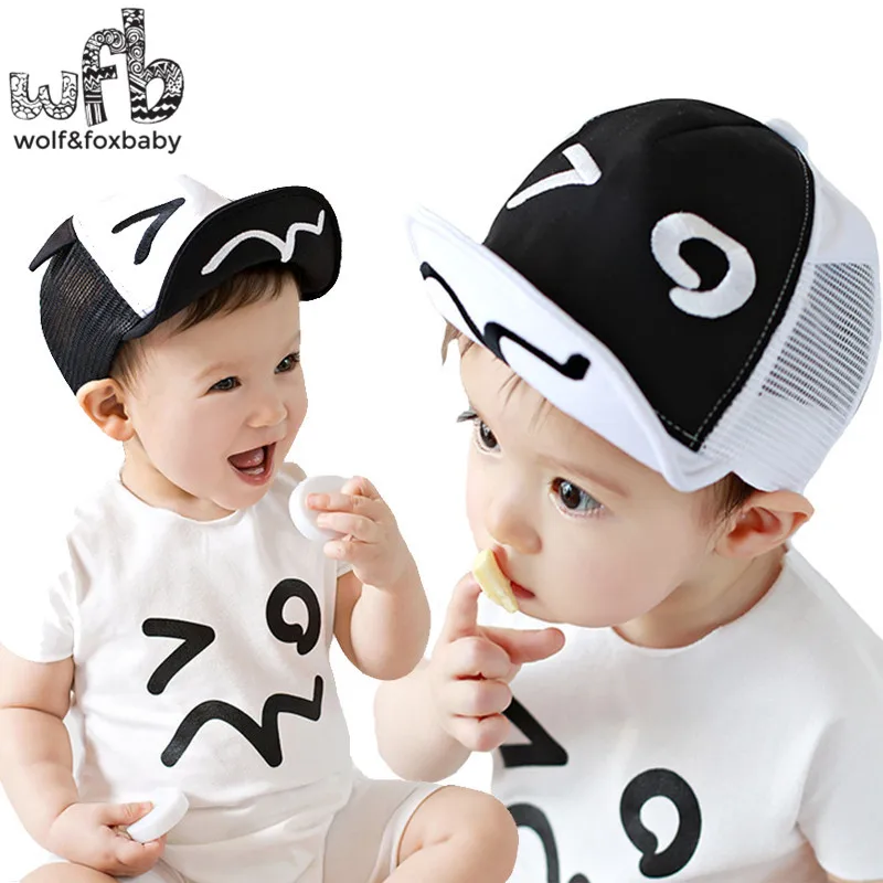 Retail 0-4 years baby 50CM summer black and white eyes grid baseball cap | Детская одежда и обувь