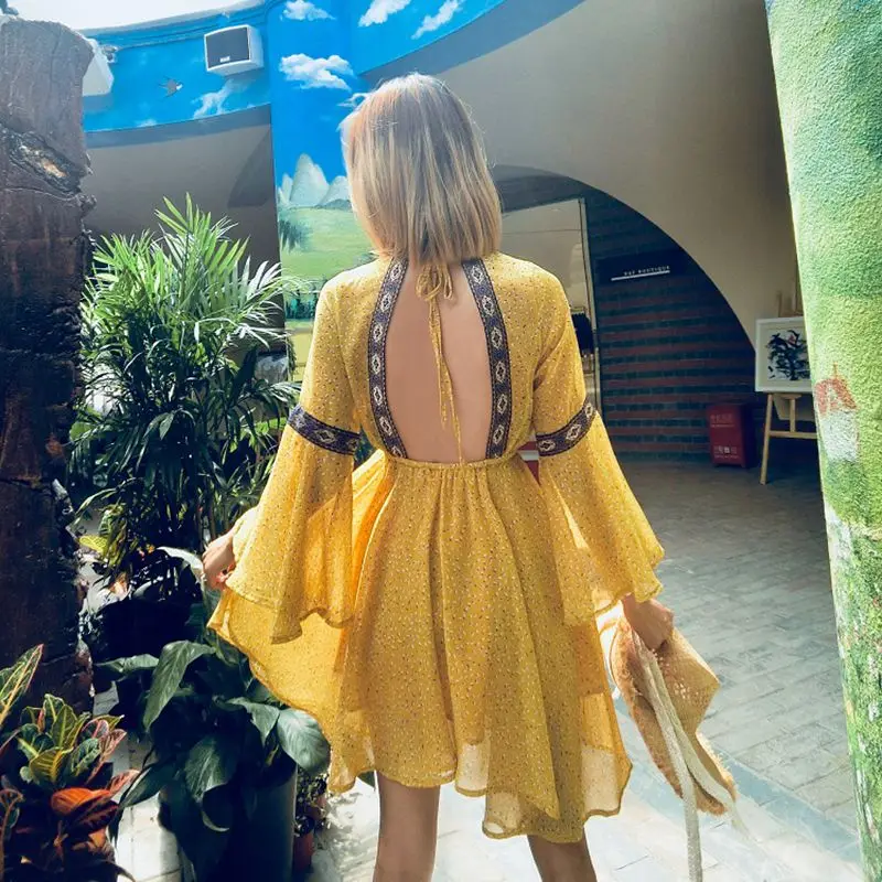 Женское повседневное шифоновое Летнее мини платье с принтом расклешенный рукав