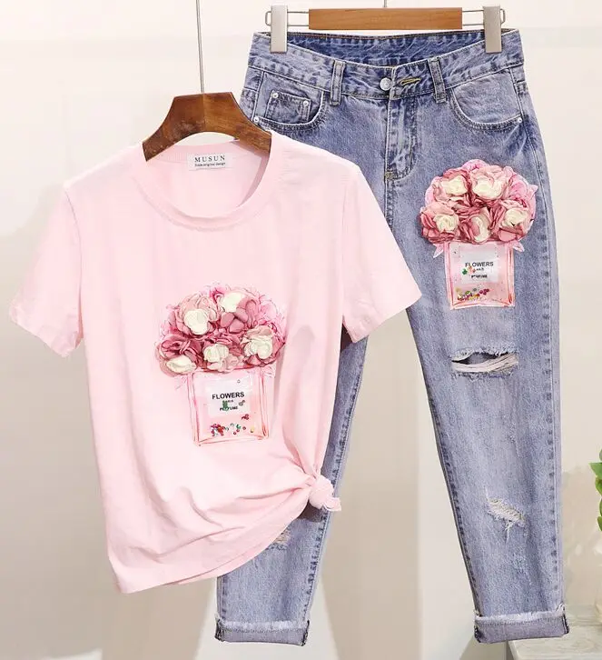 Pink Set Amolapha, женская футболка с коротким рукавом, расшитая блестками, с рисунком флаконов духов, 3D цветов+ укороченные джинсы, комплект одежды из 2 предметов - Цвет: Pink Set