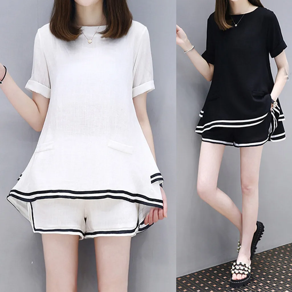 Fashion Women Two Piece Sets Sport Ruffle Pants Set Suit Summer Daily Clothing Solid Casual Blouse Tops Shirt костюм женский |