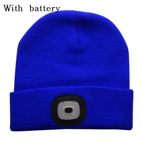Blue with battery Светодиодный головной убор унисекс с подсветкой, зимняя теплая вязаная шапка для рыбалки, бега, светодиодный фонарик, походная альпинистская кепка вязаная шапка - Цвет: Blue with battery