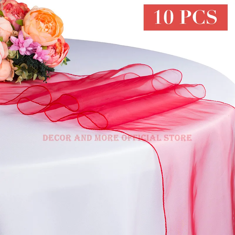 10PCS Wholesale Solid Organza Table Runner For Wedding Party Hotel Tulle Sheer Table Runners Red Pink Gold Decoration 30X275CM