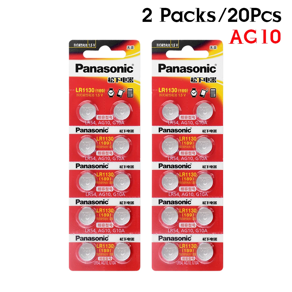 20 шт./лот Panasonic Батарея сотовый 1,5 V AG10 LR1130 Щелочная батарейка-кнопка AG10 389 LR54 SR54 SR1130W 189 LR1130 аккумуляторы таблеточного типа