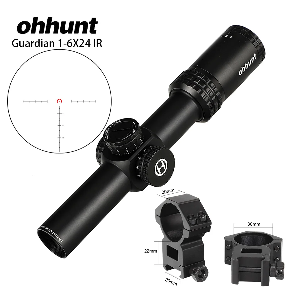 Ohhunt Guardian 1-6X24 IR охотничьи оптические прицелы компактное стекло гравированное сетка llluminate башенки замок сброс тактический оптический прицел - Цвет: with Picatinny Rings