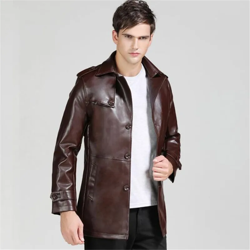 Мужской классический Тренч из искусственной кожи Длинный Облегающий с отложным