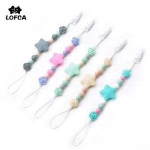 Зажим для прорезывателя зубов LOFCA, 1 шт., из силикона, без БФА, детские игрушки для прорезывания зубов, ожерелье с бусинами в форме цветов держатель для переноски, короткая цепочка