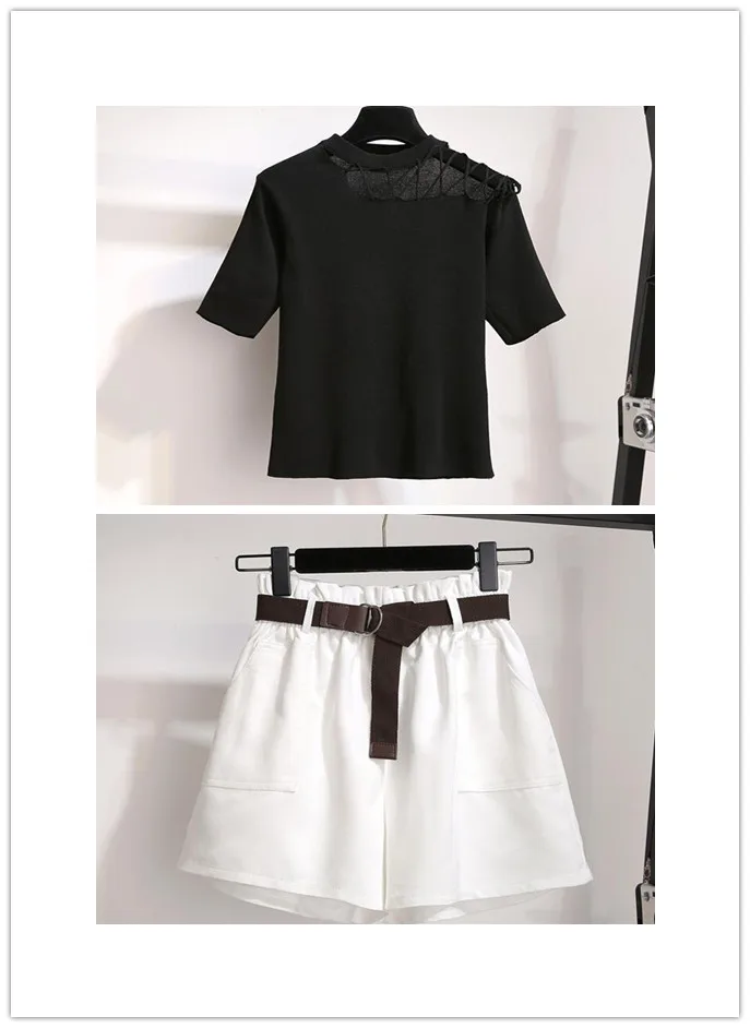 Tops and Shorts set Летний вязаный свитер, комплект из 2 предметов, с круглым вырезом, с открытыми плечами, с короткими рукавами, топ и пояс с бантом, свободные шорты, наряды, спортивный костюм для женщин - Цвет: Tops and Shorts set