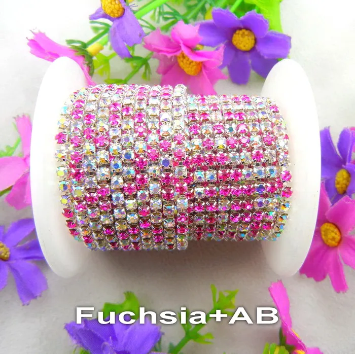A15 Fuchsia AB mix Высокая плотность 5 ярдов/рулон серебряный коготь цвета микс ss6 2 мм ss8 2,5 мм ss10 2,8 мм ss12 3 мм стразы на цепочке пришивной клей для отделки - Цвет: A15 Fuchsia AB mix