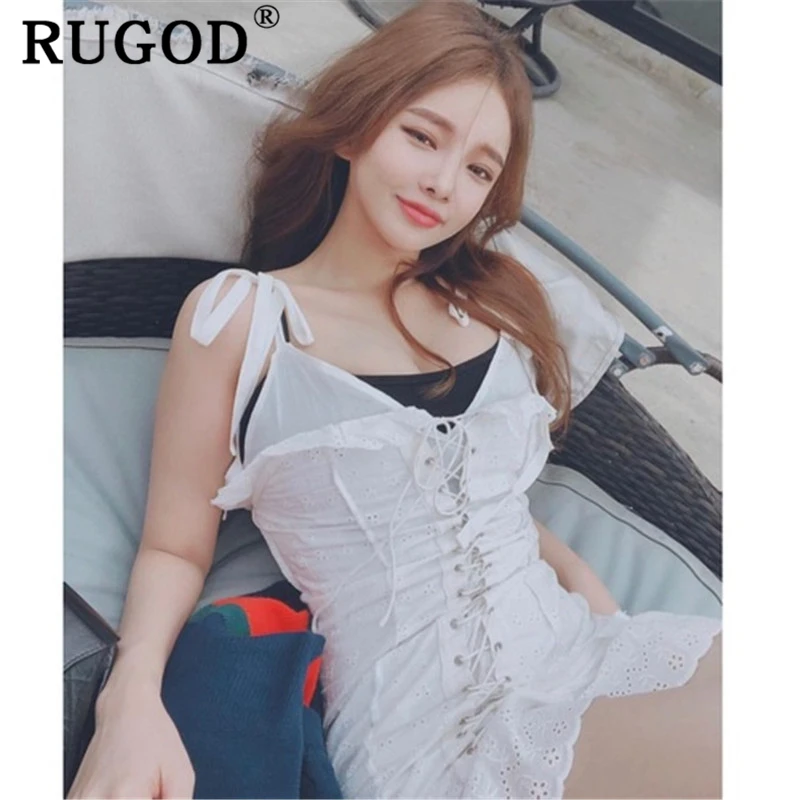 Женское мини платье на шнуровке RUGOD белое элегантное туника в Корейском стиле