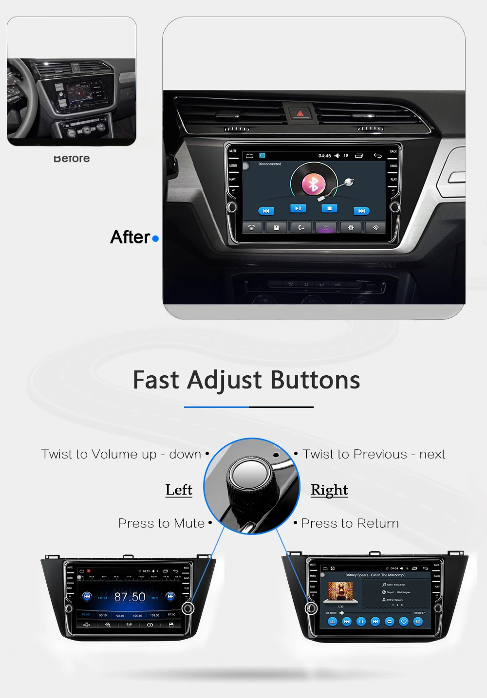 Funrover 2 din Автомобильный мультимедийный плеер " Android8.0 Радио dvd для Volkswagen Tiguan головное устройство naviagtion рулевое колесо