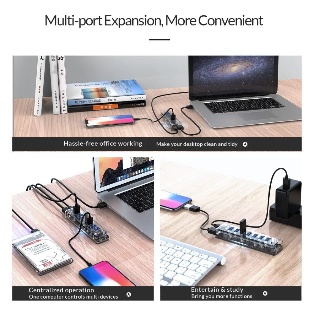 Прозрачный Концентратор ORICO с 7 портами USB 3 0 высокоскоростной usb-разветвитель 5