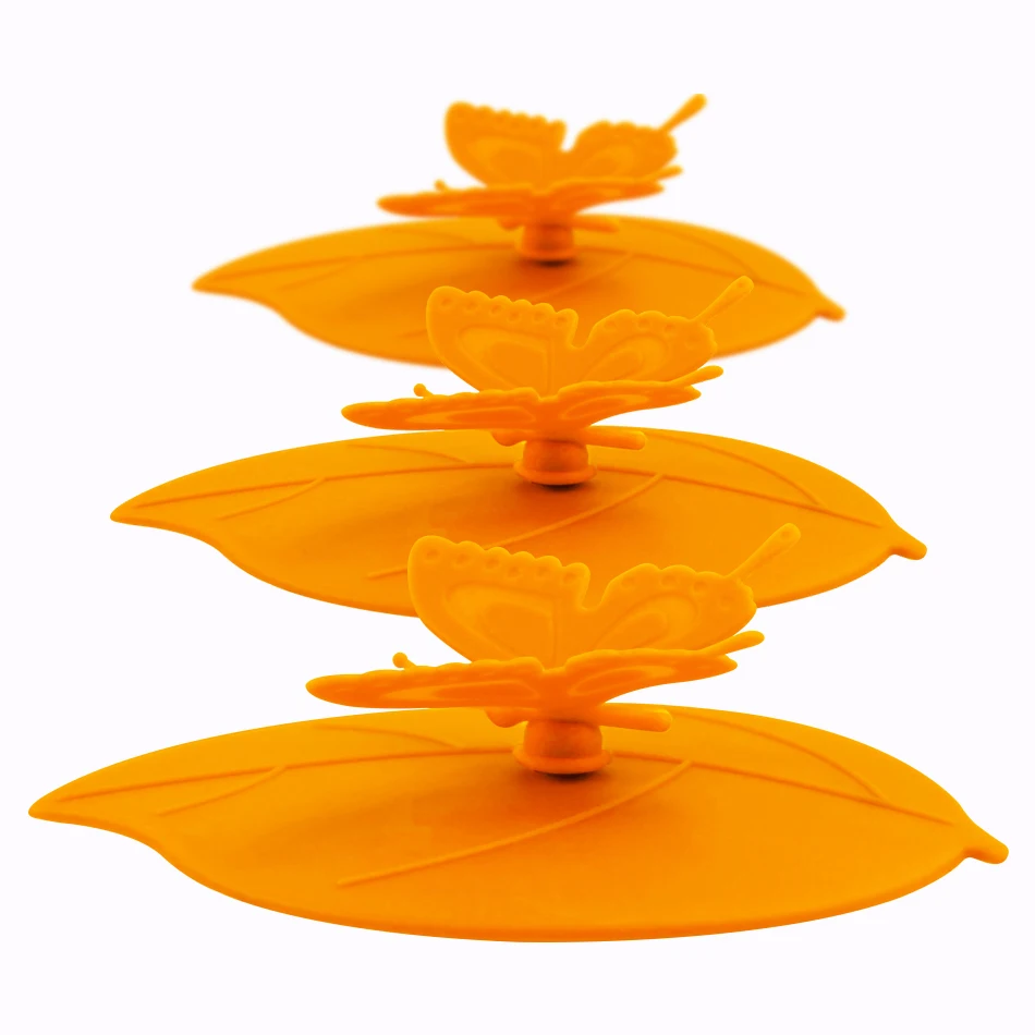 Orange 3 pieces ME. FAM Модная красочная милая 3D бабочка+ листья силиконовая крышка для чашки 10,5 см Пылезащитная крышка стеклянная керамическая Пластиковая крышка для кружки - Цвет: Orange 3 pieces