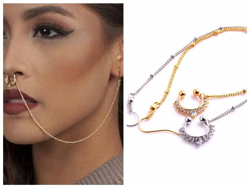 Нержавеющая сталь кольца и штанги в нос Имитация пирсинга Кристалл Нос Кольца