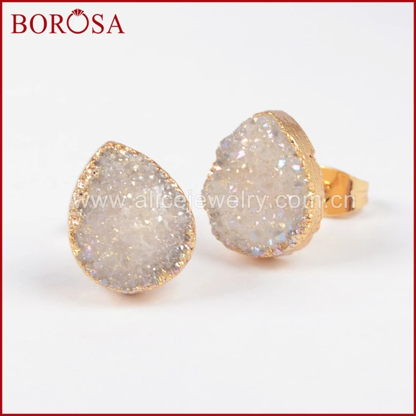 Модные серьги гвоздики BOROSA с каплевидными натуральными кристаллами 1 пара