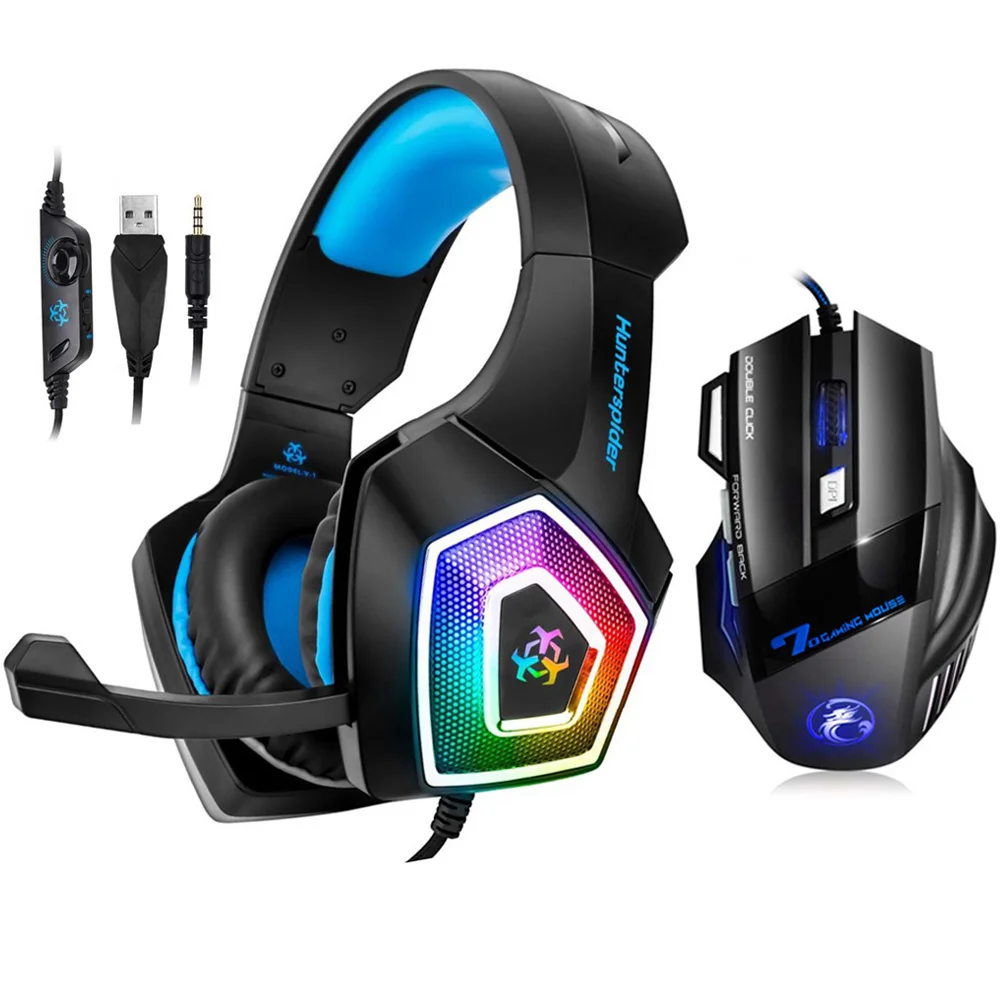 Blue Игровая стереогарнитура Hunterspider V1 Heaphone с микрофоном 7 светодиодный светильник для Xbox One PS4 PC+ 7 кнопок 5500 dpi игровая мышь Игровые мыши - Цвет: Blue