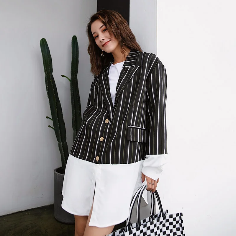 TWOTWINSTYLE Striped Patchwork Blazer Tops Female Long Sleeve Casual Blazers Coat Women Vintage Clothes Big Size 2018 Autumn New | Женская