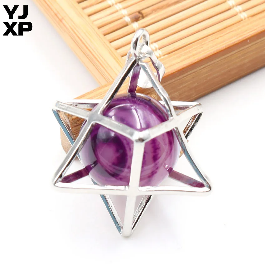 Purple Stripe 1 шт. Energy Merkaba кулон из натурального камня аметисты Розовый Кварц Круглые бусины рейки колье с целебным кулоном подвесные шармы Ювелирные украшения подарок - Окраска металла: Purple Stripe