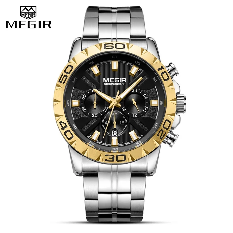 Silver Black Мужские наручные часы megir от ведущего бренда, роскошные полностью стальные водонепроницаемые часы для мужчин, Кварцевые спортивные военные наручные часы с 24 часами даты, мужские часы - Цвет: Silver Black
