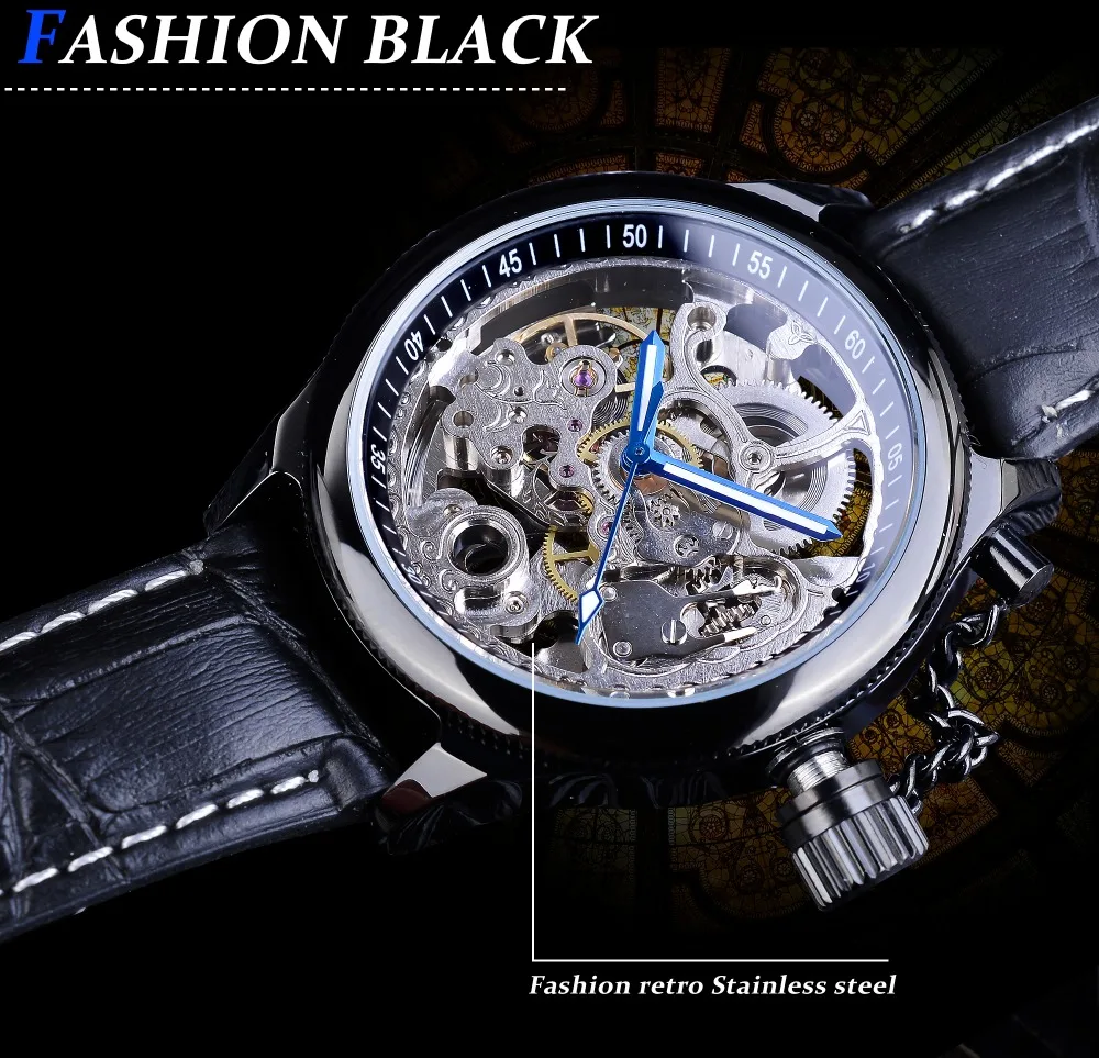 Forsining Skeleton Clock Blue Hands Gear Bezel Black Genuine Leather Screw Crown Cap Design Men Mechanical Watch Luminous Hands