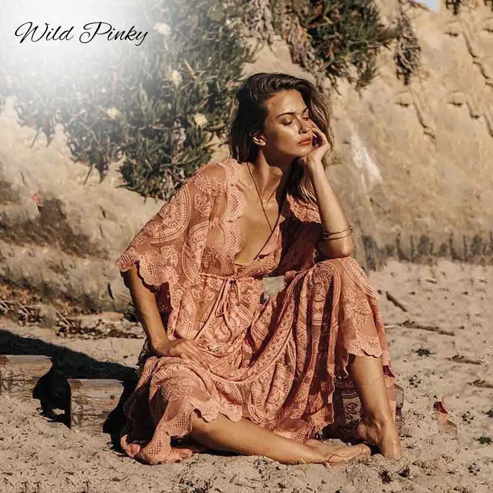 Женское кружевное платье в стиле бохо WildPinky розовое летнее Пляжное Платье макси с