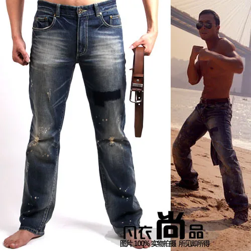 Free Shipping Men's Brand Fashion Hole 's Top Water Wash Retro Finishing Whisker Casual Embroidery Patch Jeans Trousers / 28-40