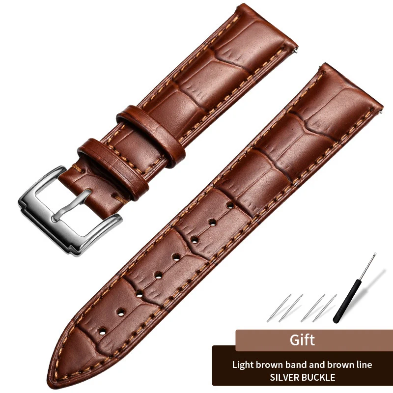 Silver-Light Brown Carouse Watchband Black Real Leather Strap 14mm 16mm 18mm 19mm 20mm 21mm 22mm Watch Band Bracelet Metal Pin Buckle wristband - Цвет ремешка: Silver-Light Brown