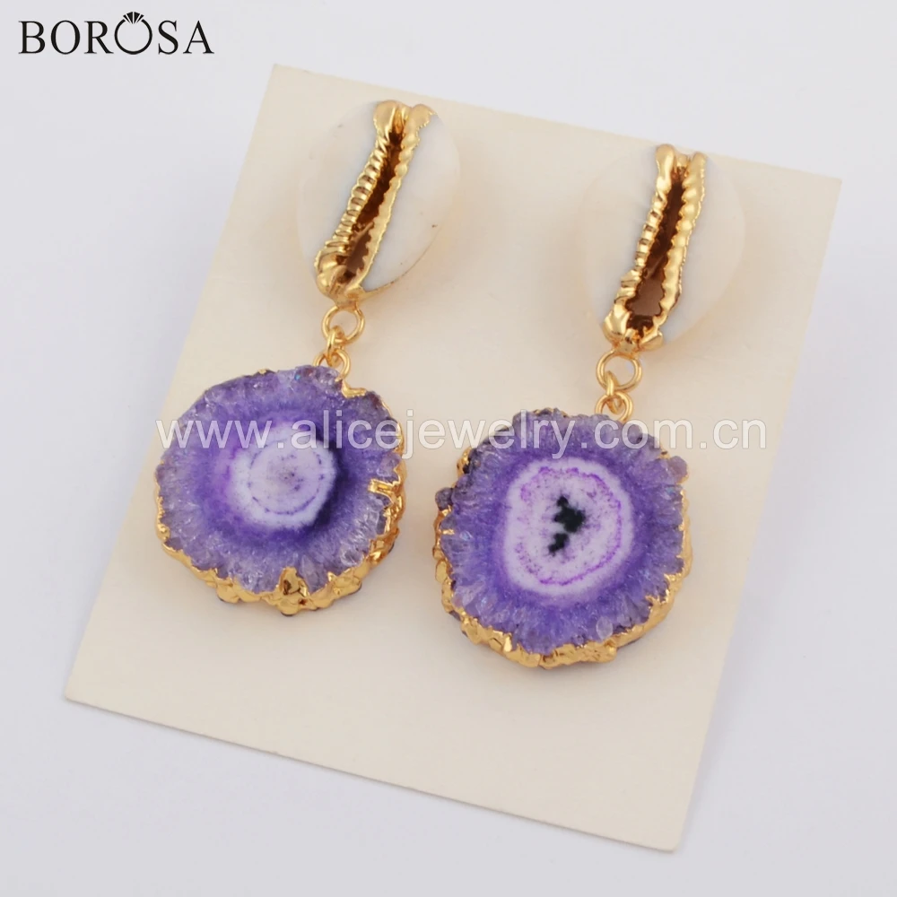 

BOROSA 3/5Pairs Bohemian Natural Cowrie Shell with Natural Color Solar Quartz Earrings Creactive Gifts G1740