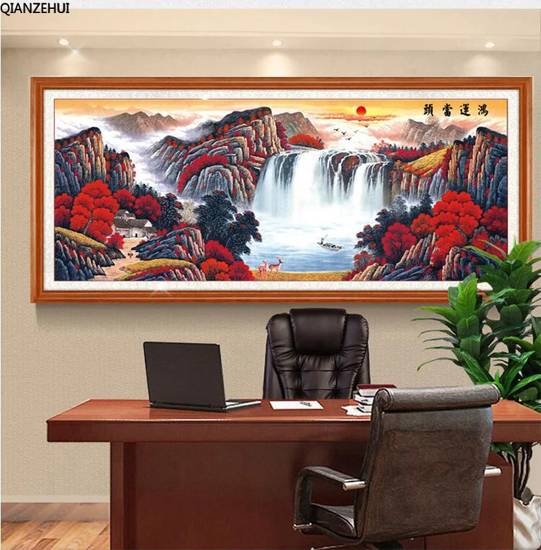 QIANZEHUI Needlework 100% precision printing Red landscape waters Cross stitch Rich tree full embroidery Wall Home Decro | Дом и сад