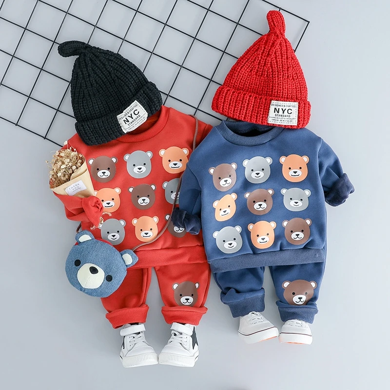 New Winter Baby Boys Long Sleeve Cute bear Fleece Hoodies Sweatshirt + Casual Trousers Kids Girls Two Pieces Suits Clothing Sets | Детская