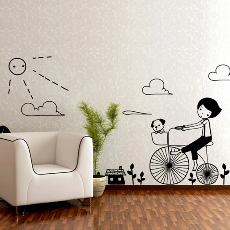 Diy Carton Scrawl Riding Bike Dog Tree Vinyl Wall Sticker Animal Kids Baby Room Nursery Decoration Art Murals Wallpaper Children | Дом и сад