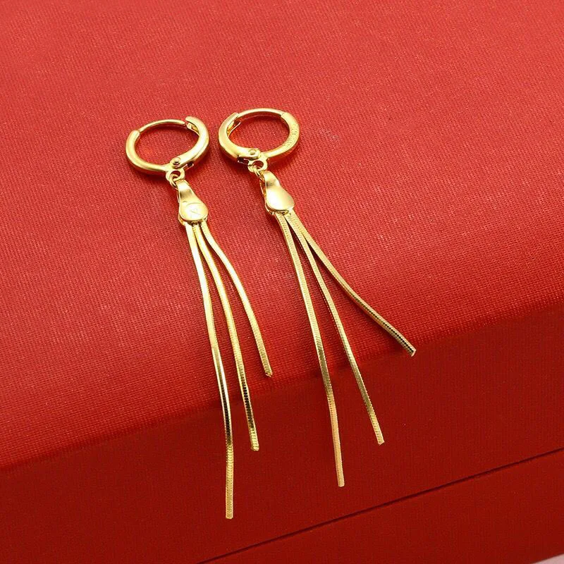 MxGxFam 3 line Drop Tassel Earrings for Fashion Women 24 k Pure Gold Color NO stone good Quality Jewelry | Украшения и аксессуары