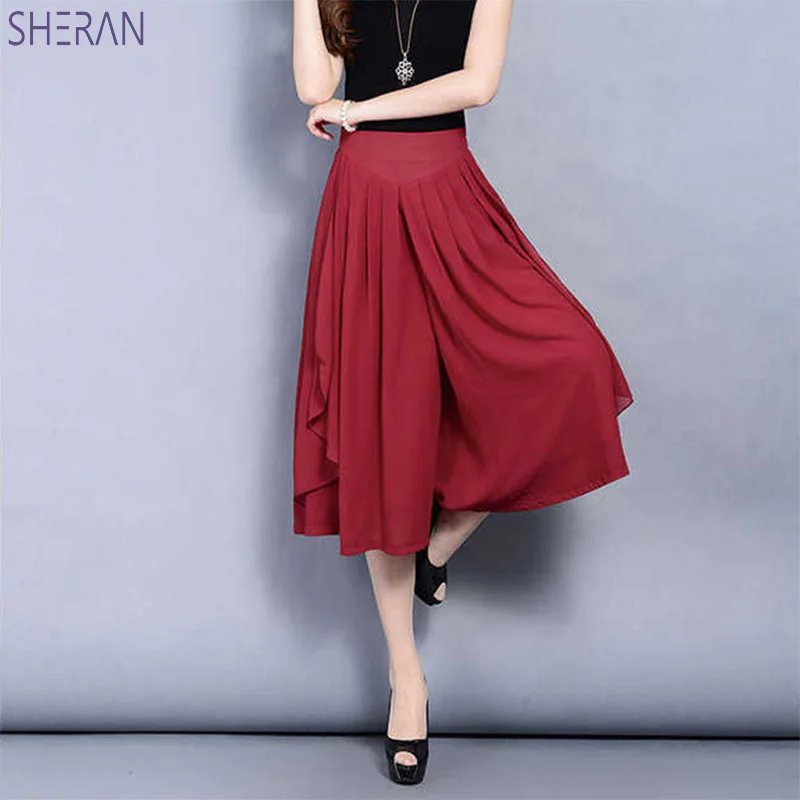 red SHERAN новые летние женские брюки шифоновые широкие брюки с высокой талией свободные брюки повседневные юбки брюки черные Большие размеры Pantalon Pemme - Цвет: red