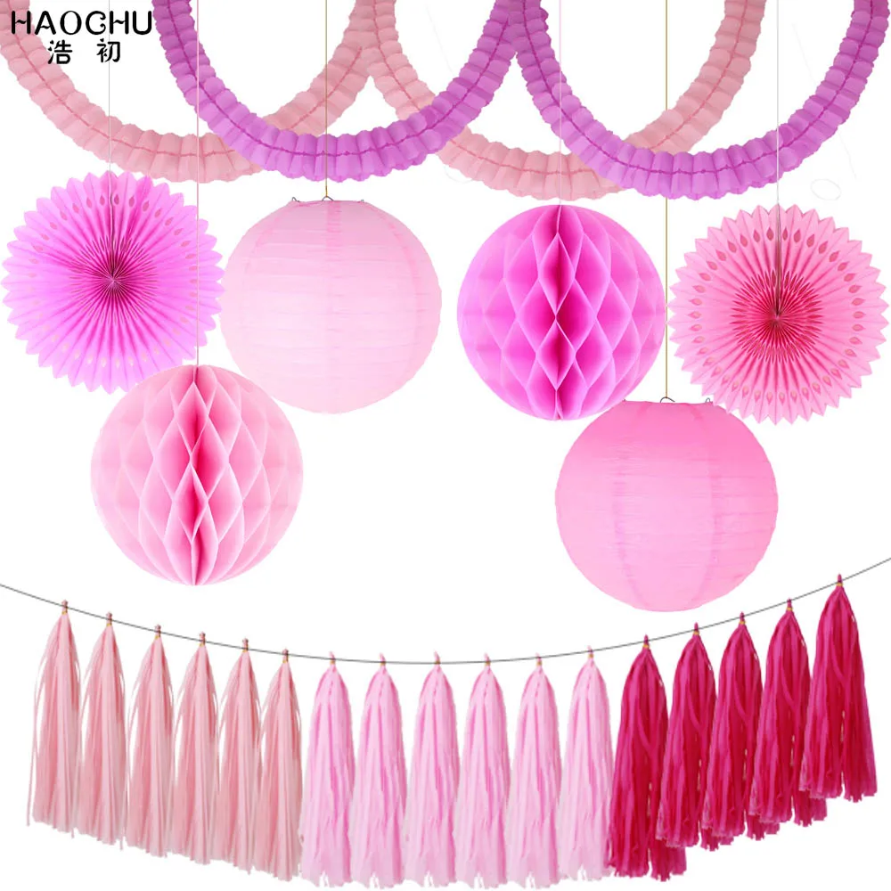 Pink 23 шт./лот набор бумажных украшений веера из папиросной бумаги/Кисточка/Цветочная Гирлянда/круглый фонарь Свадьба День Рождения Вечеринка фон DIY Декор - Цвет: Pink