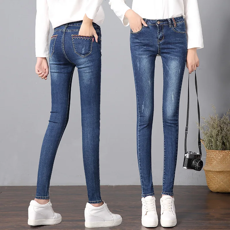 Jeans for Women mom High Waist Woman Elastic plus size Stretch female washed denim skinny pencil pants | Женская одежда