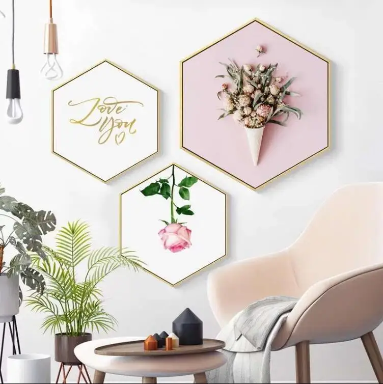 

Wooden Frame Modern Pink Flower Photo Frame Canvas Painting Hexagon Poster Parlor Wall Picture Home Decor Bedside Mural 05519