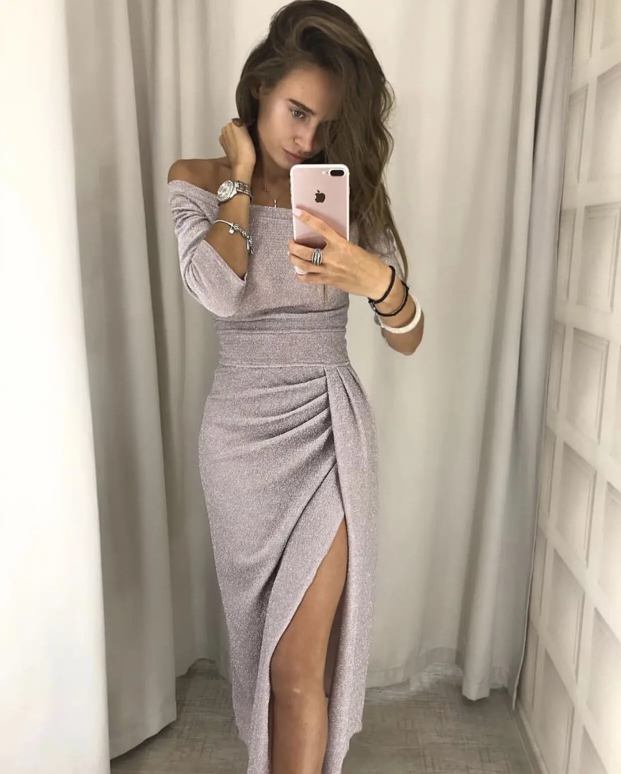 Женское элегантное платье с вырезом лодочкой, длинное, Vestidos Verano, черное, сексуальное, с разрезом, облегающее, с длинным рукавом, макси, Осенние, вечерние платья - Цвет: Apricot