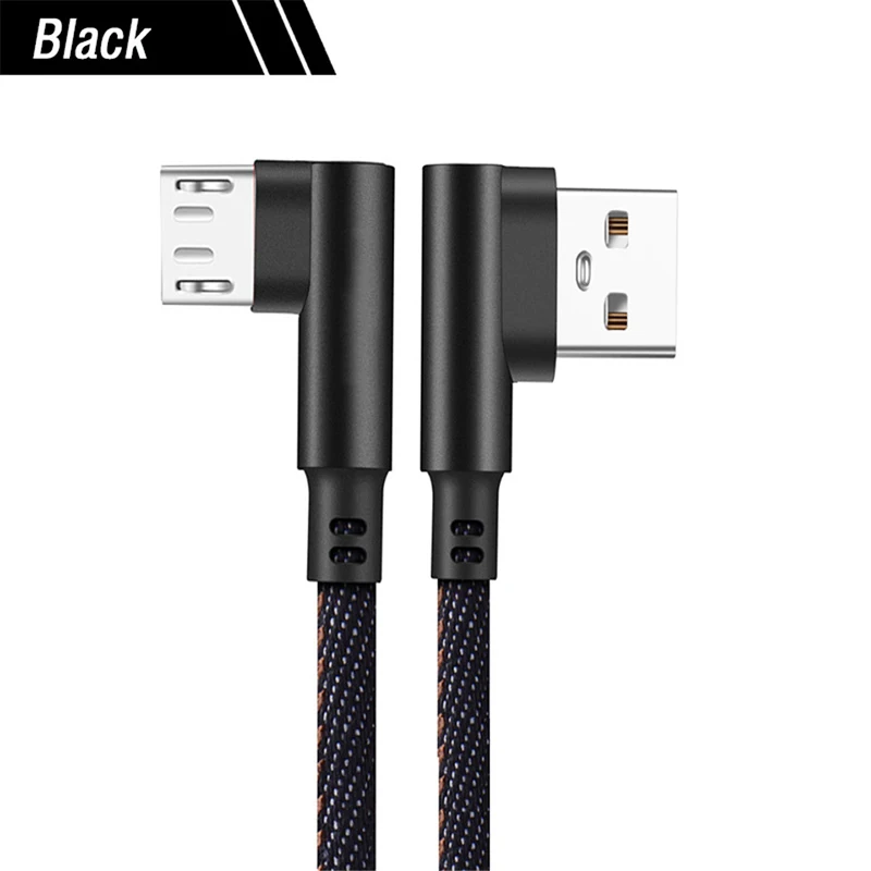 Черный Тип C USB кабель 90 градусов изгиб быстрой зарядки Микро зарядный usb-шнур для мобильных телефонов кабели для iphone 8 huawei, 1 м, 2 м, для мобильного телефона - Цвет: Черный