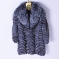 2018 natural woman winter real silver fox fur long striped coat 90 cm coat jacket leisure fox hair collar womens warm clothing