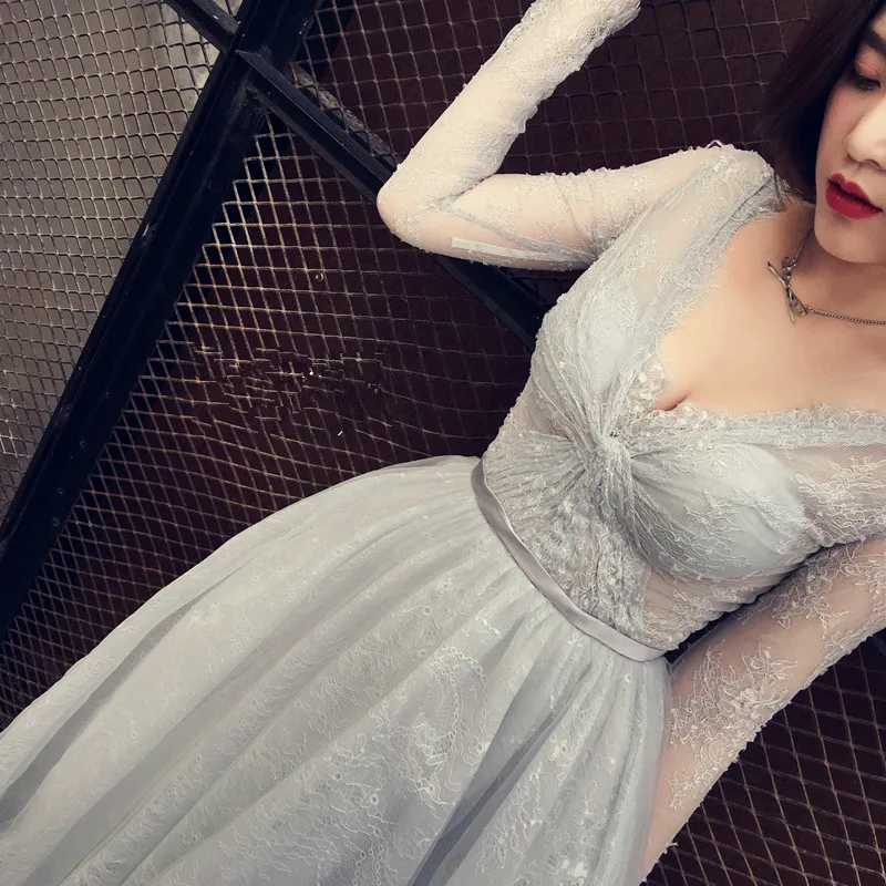 Высокое качество Серый Тюль Fülle рукава короткие вечернее платье весна вечерние