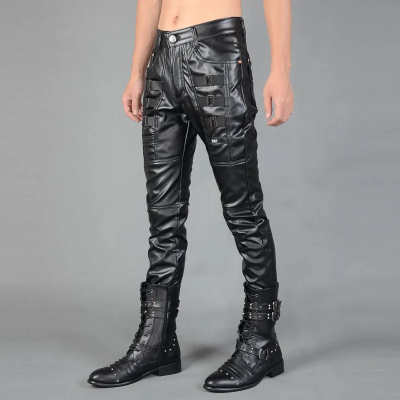 Black motorcycle all-match faux leather pants men casual feet trousers straight pu for mens clothing dance fashion 2020 | Мужская одежда