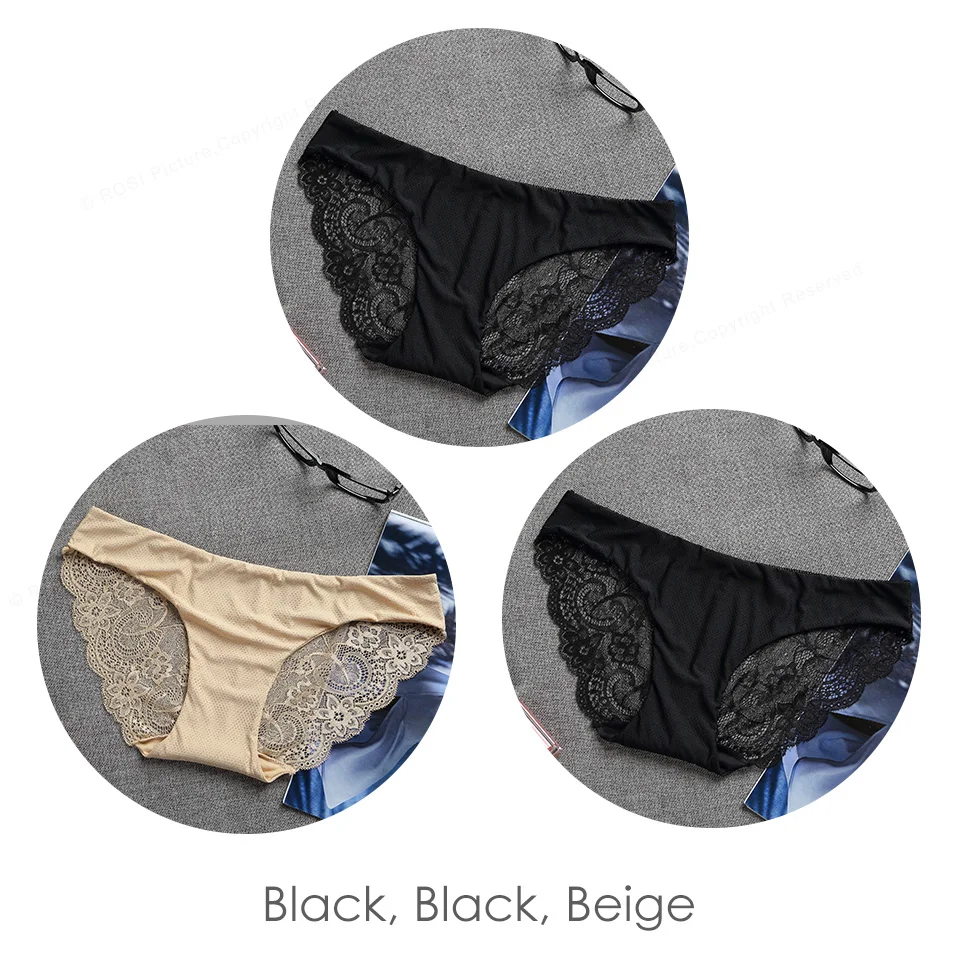 Black Black Beige Новинка, сексуальные шелковые бесшовные трусики для женщин, прозрачные кружевные танга, дышащая сетка, низкая посадка, нижнее белье для женщин, нижнее белье, 3 шт - Цвет: Black Black Beige