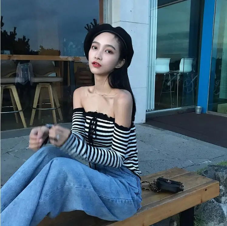 В полоску с открытыми плечами slash шеи длинными рукавами вязать футболка | Женская